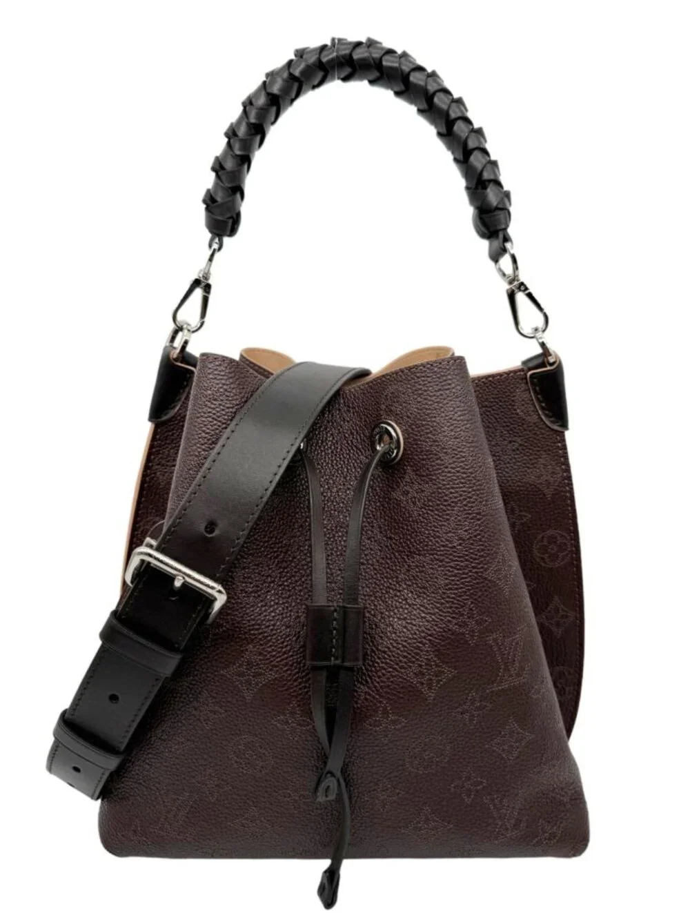 Louis Vuitton  Braided Handle Muria Mahina Leather Shoulder Hobo Bag Brown